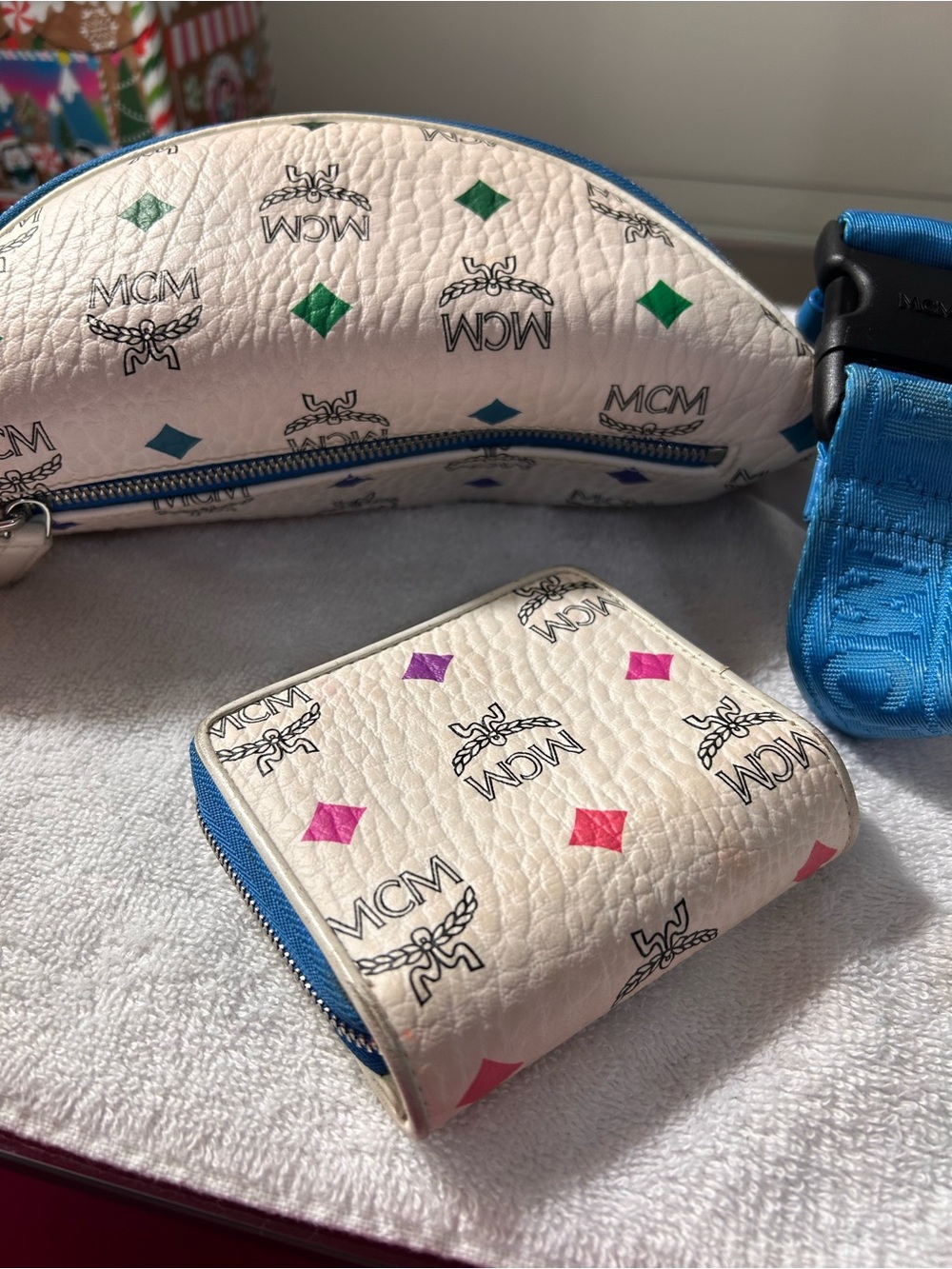 MCM White Leather Mini Bag with Multicolor Logo Diamonds and Blue Trim